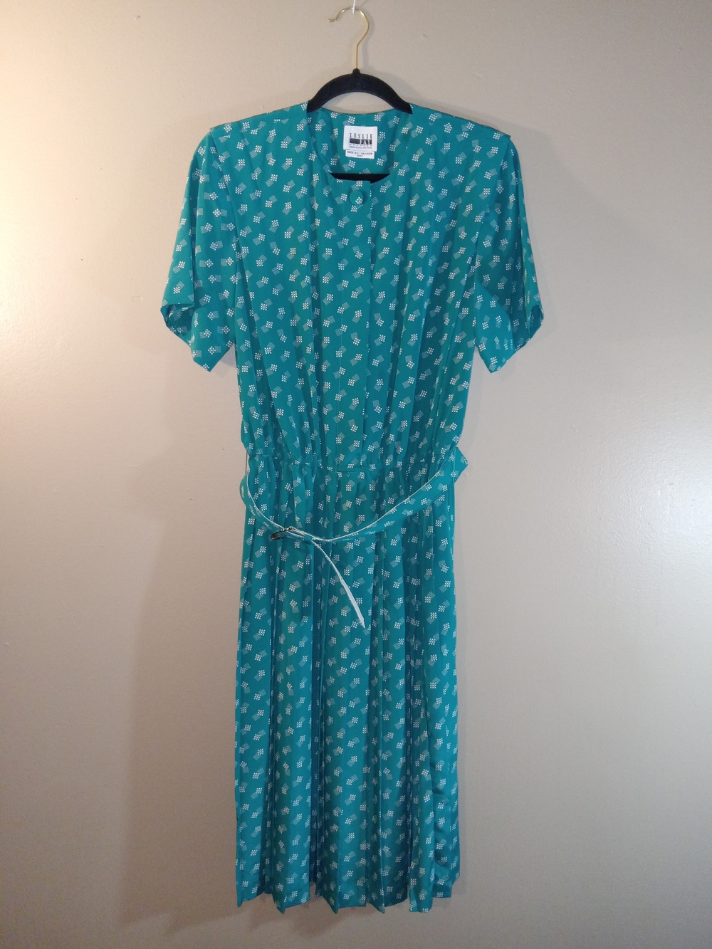 Vintage Leslie Fay Teal Printed Short-Sleeve Midi Dress with  Belt
